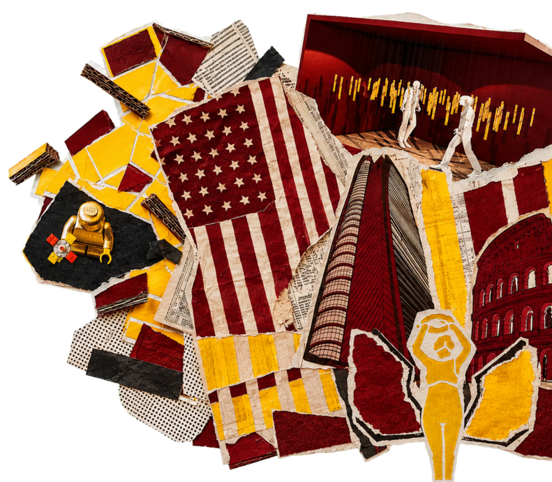 Collage of Gelingarcia artworks combining sculpture, architecture, flags, currency and exhibition imagery.
